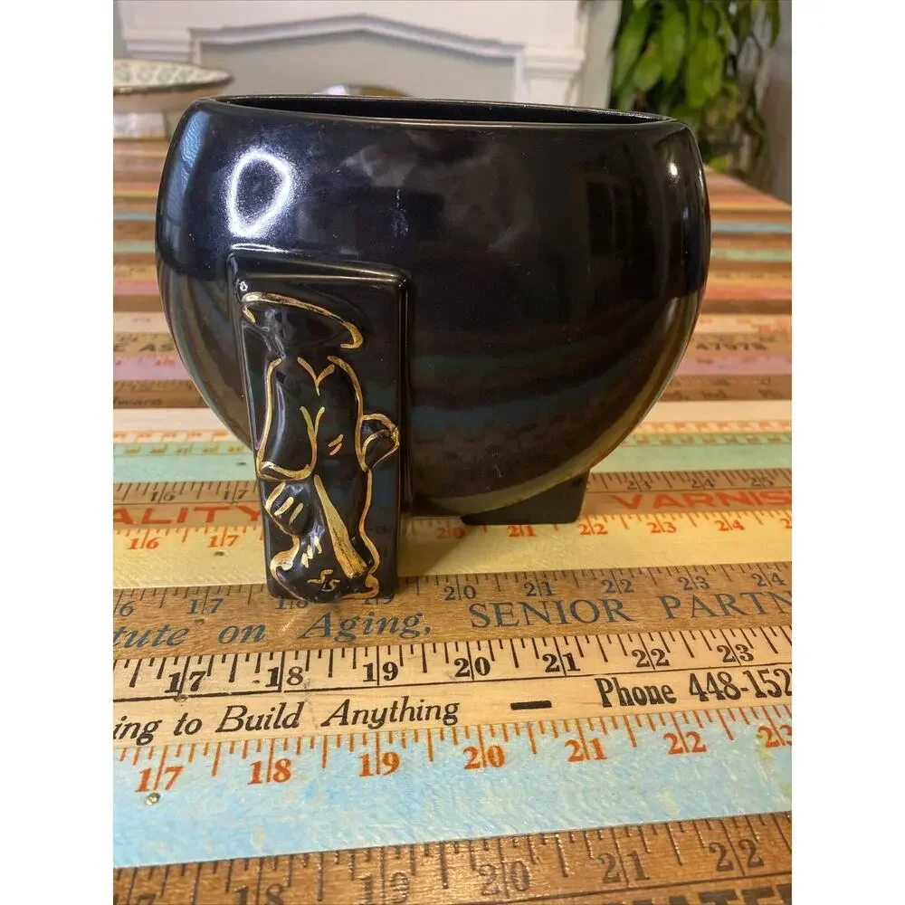 Vintage FAPCO 1930 Joan Lea Creations Shanghai Black 22K Gold Disk Asian Vase